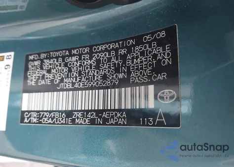 2009 Toyota Corolla Le из США, поврежденный, VIN MLHPC4629G5300202